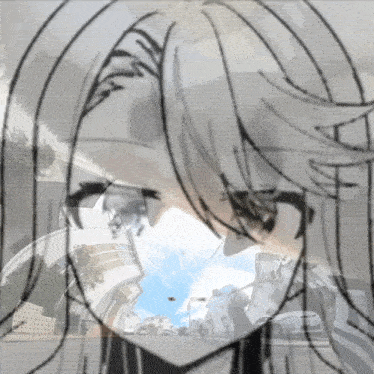 a drawing of a girl with long hair and a reflection of buildings