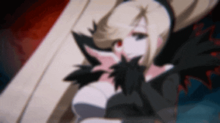 a blurred image of a blonde anime girl with black wings and red eyes .