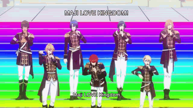 a group of anime characters are standing next to each other on a stage singing into microphones .