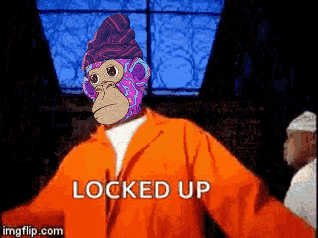 a man in an orange jumpsuit with a colorful monkey on his head says " locked up "