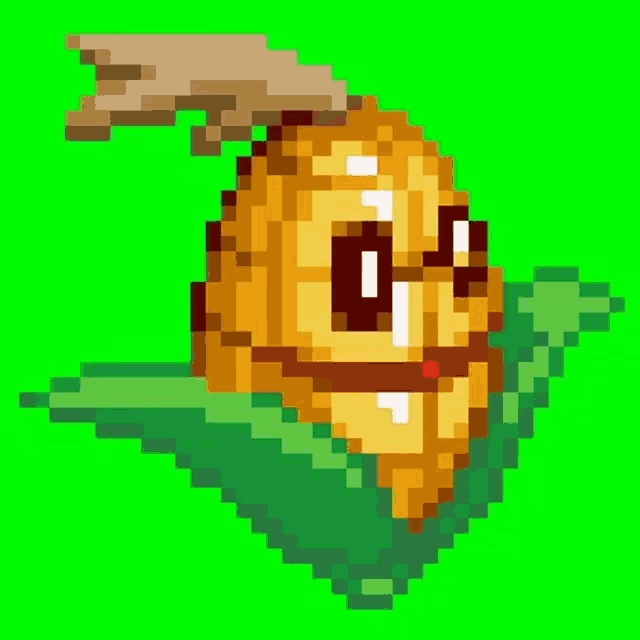 a pixel art of a corn on the cob with a face on a green background .