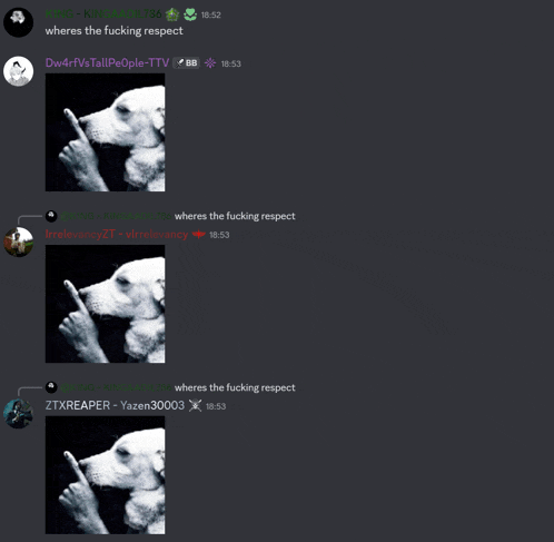 a black and white photo of a dog with a finger in its mouth and the words wheres the fucking respect