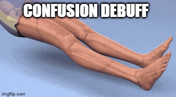 a computer generated image of a person 's legs with the words confusion debuff written above them