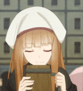 a girl with long brown hair wearing a white hat is holding a wooden barrel with her eyes closed