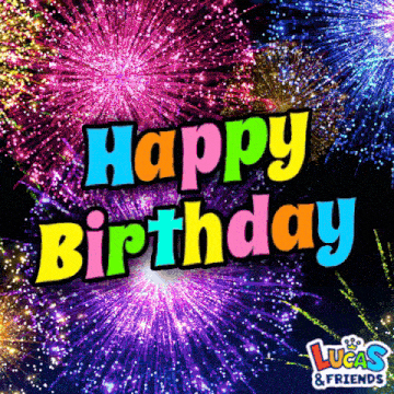 a lucas and friends birthday card with colorful fireworks in the background