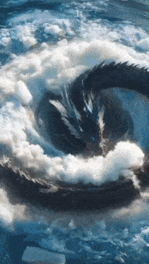 a painting of a dragon surrounded by clouds in the ocean