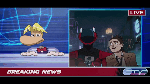 a cartoon breaking news show with a robot and a reporter