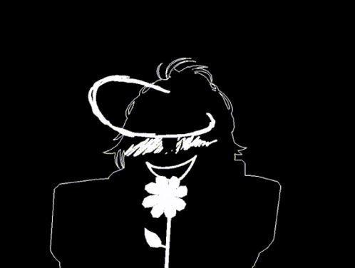 a black and white drawing of a man with a flower in his mouth .