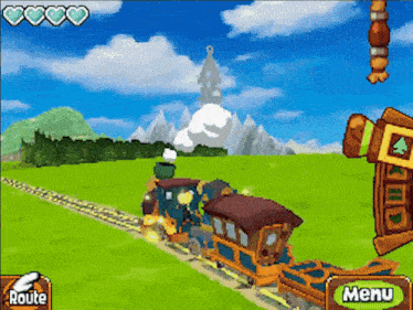 a video game shows a train going through a green field