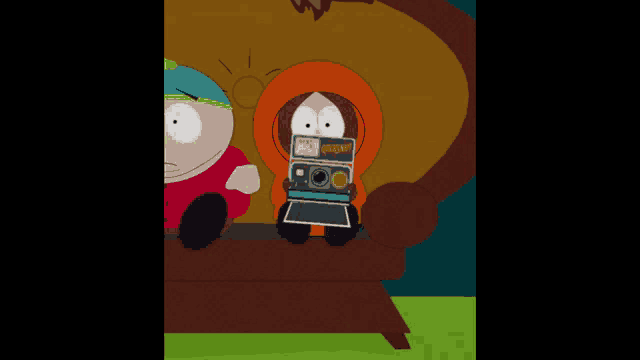 a south park poster shows kenny taking a picture with a camera
