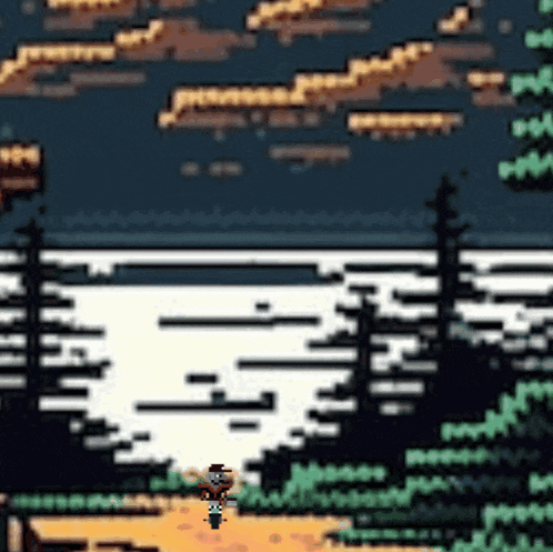 a pixel art drawing of a person standing in front of a lake surrounded by trees .