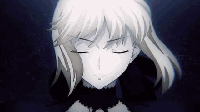 a close up of a blonde anime character with her eyes closed