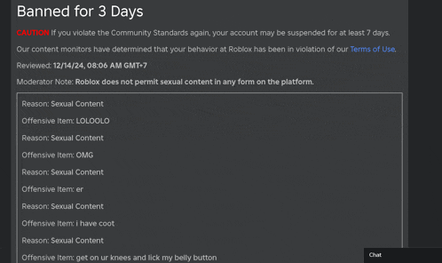 a screenshot of a website that says banned for three days