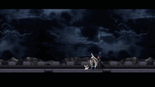 a video game scene with a giant robot and a couple of people standing in front of it