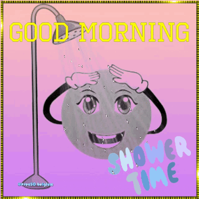 a cartoon smiley face is taking a shower with the words good morning shower time
