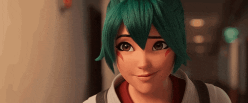 a close up of a person with green hair