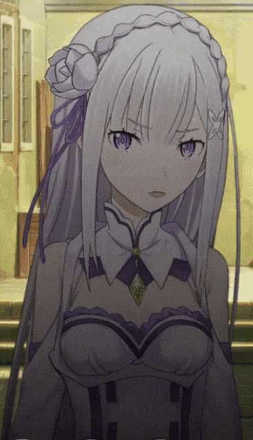 a white haired anime character with purple eyes