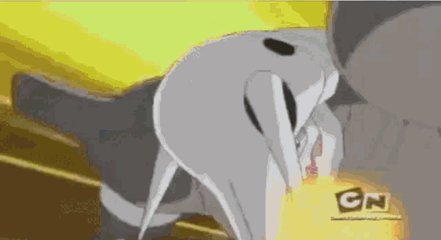 a close up of a cartoon character 's face with a cn logo in the corner .
