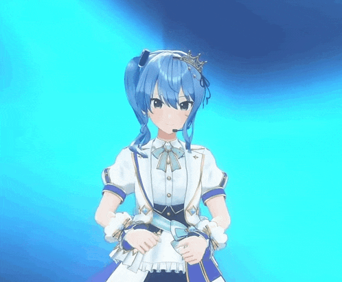 a blue haired anime girl with a crown on her head stands in front of a blue background