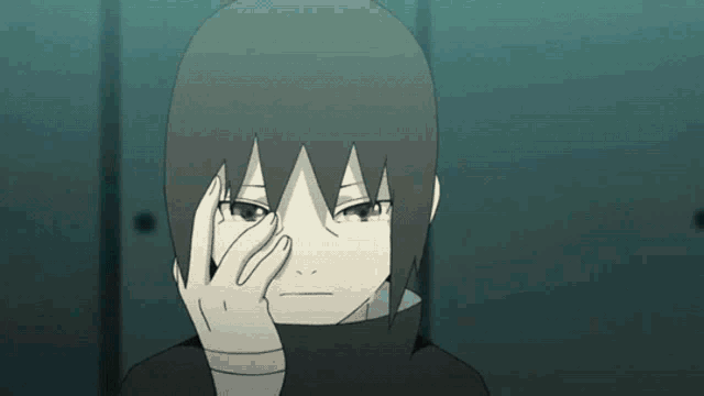 a young boy covering his face with his hand in a cartoon