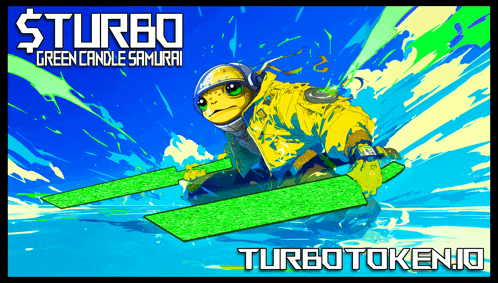 a poster for turbo green candle samurai with a turtle on skis