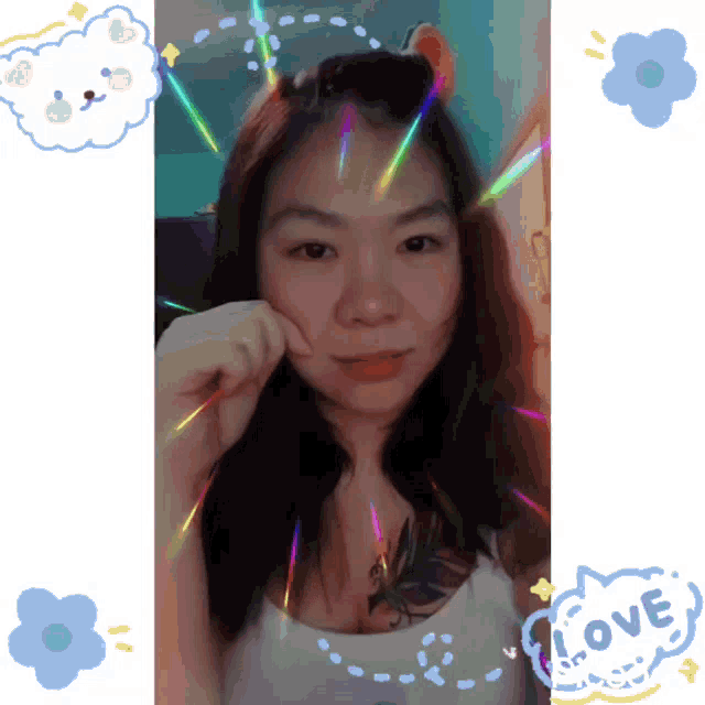 a woman 's face is surrounded by a speech bubble with the word love on it