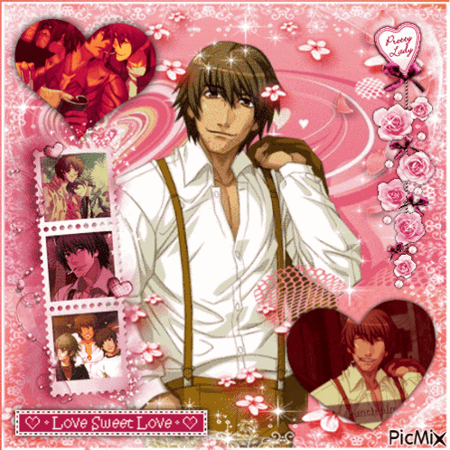 a picture of a man surrounded by hearts with the words love sweet love on the bottom