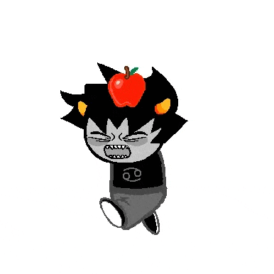 a cartoon character with a red apple on his head .