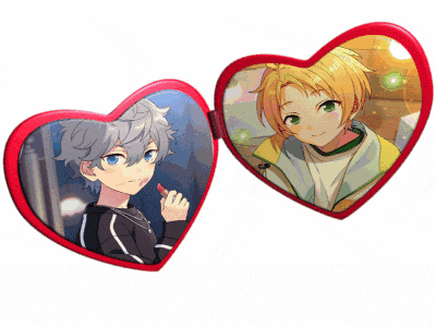 a heart shaped mirror with two anime characters on it