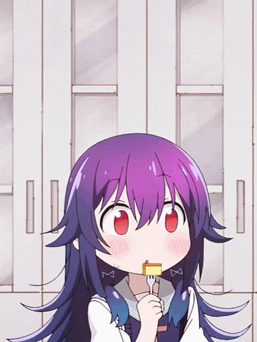 a girl with purple hair is holding a piece of food in her hand