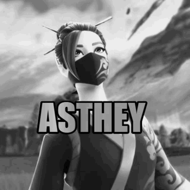 a black and white photo of a woman wearing a mask with the name asthey written above her