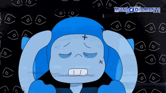 a blue cartoon character with a cross on his forehead is surrounded by eyes and the words mundo diamant