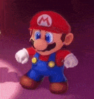 a close up of a cartoon character wearing overalls and a red hat with a letter m on it .
