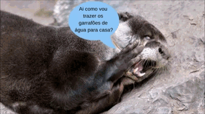 an otter laying down with a speech bubble that says ai como vou trazer os garrafões de agua para casa