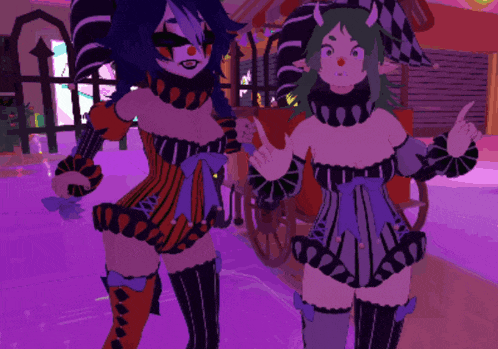 a couple of clowns standing next to each other with one pointing