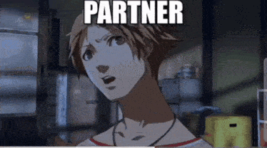 a cartoon character with the word partner written on it
