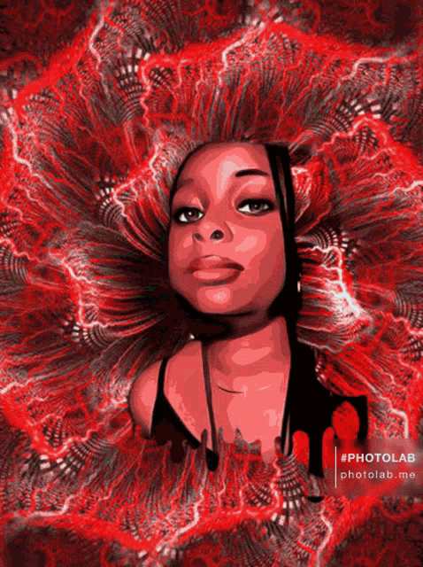 a woman 's face is surrounded by red feathers and the words #photolab me