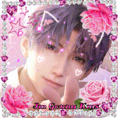 a picture of a boy with a cat ear surrounded by pink roses and the words jam gonna kiss on the bottom