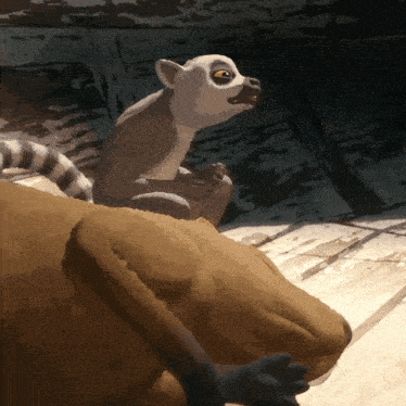 a painting of a lemur sitting on top of a brown object