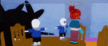 a group of cartoon characters standing next to each other in a room in a video game .
