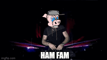 a dj with a pig head and the words ham fam written below him