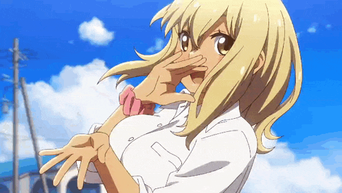 a blonde anime girl covering her nose with her hand