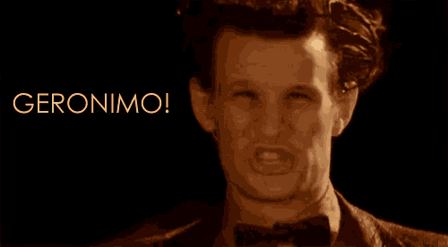 a close up of a man 's face with the word geronimo behind him