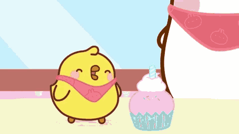 a yellow cartoon chicken is standing next to a pink cupcake with a candle on it .