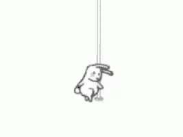 a cartoon rabbit is hanging from a rope and dancing .