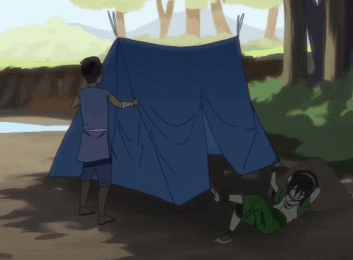 a cartoon drawing of a man holding a blue tent and a woman laying on the ground