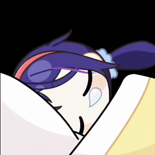 a cartoon character with purple hair is sleeping on a white blanket
