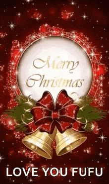 a merry christmas card with bells and a red bow