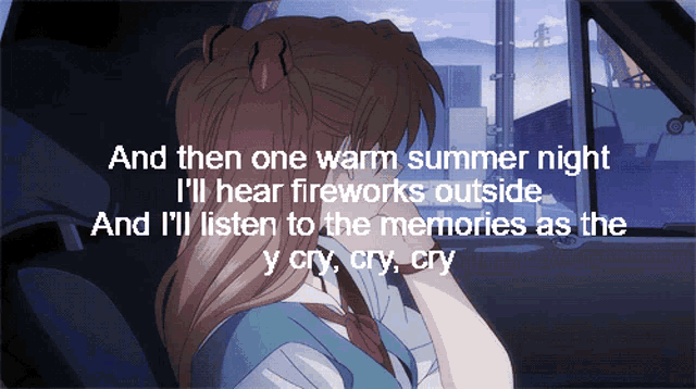 a girl sitting in a car with the words and then one warm summer night
