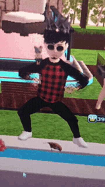 a man in a plaid shirt and black pants is standing in a video game